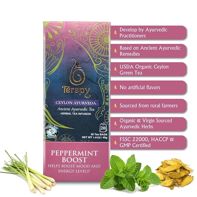 Térapy Ceylon Peppermint Tea, All Natural Herbal Ingredients, 100% Organic Peppermint Tea Bags Individually Wrapped