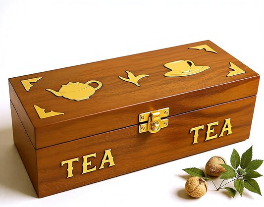 Handcrafted Rosewood Tea Box, 3-Compartment Tea Bag Organizer, Natural Wood Decorative Storage Chest with Brass Inlay, Artisan made in South Asia