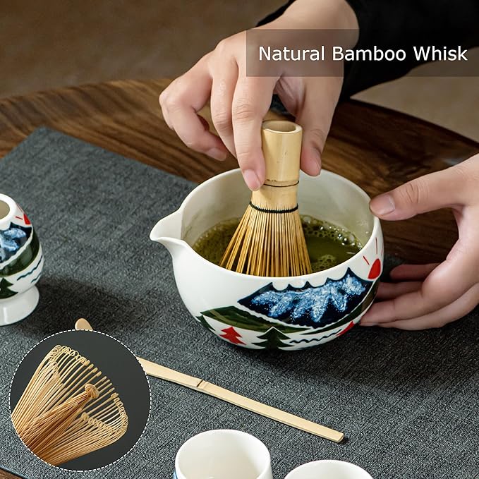 Fuji Mountain Matcha Bowl Set – 6-Pcs Hand-Painted Scenic Japanese Tea Ceremony Kit, Matcha Bowl with Spout, 2 Cups, Bamboo Whisk