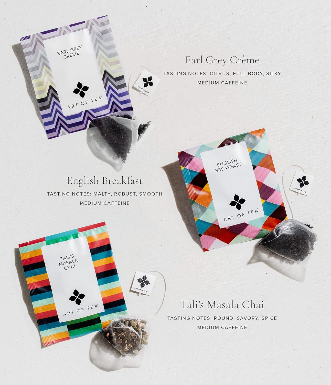 Art of Tea | Assorted Tea Sampler | 12 Count Sampler Box | Breakfast Tea, Earl Grey Creme, Egyptian Chamomile (Non-Caffeinated), French Lemon Ginger (Non-Caffeinated), Green Pomegranate, Mint Green, Tali's Masala Chai, Happy Tea, and White Coconut Cr
