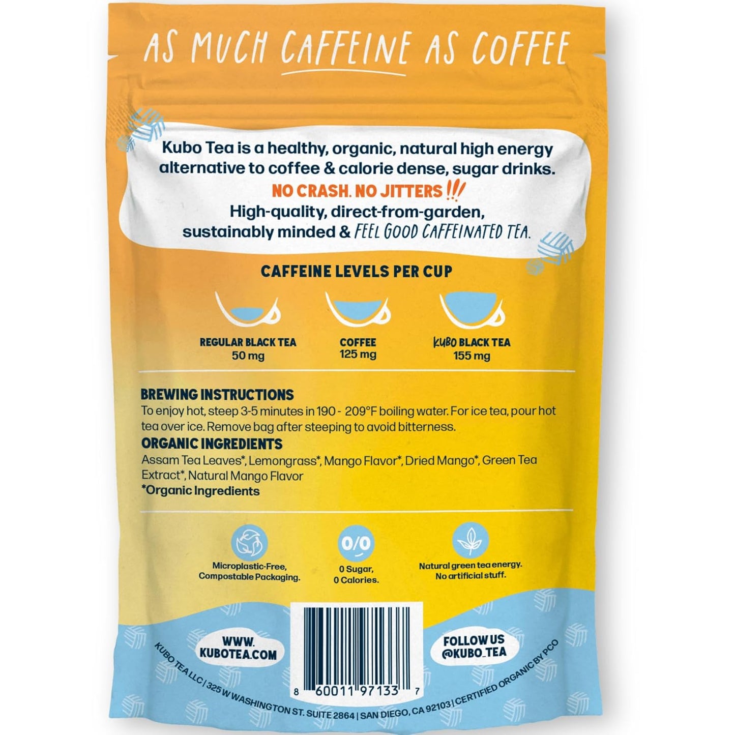 Kubo Tea High Caffeine Black Tea, Organic Lemon Mango, 20 Count | Lemongrass, Dried Mango, Organic, High Caffeine Black Tea