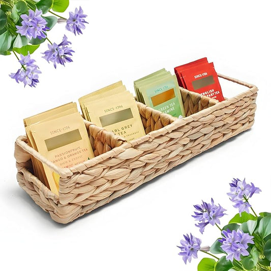 Trovea Wicker Tea Organizer and Storage Box, 4-Compartment Water Hyacinth Tea Bag Holder for Tea Bar, Drawer, and Countertop Organization