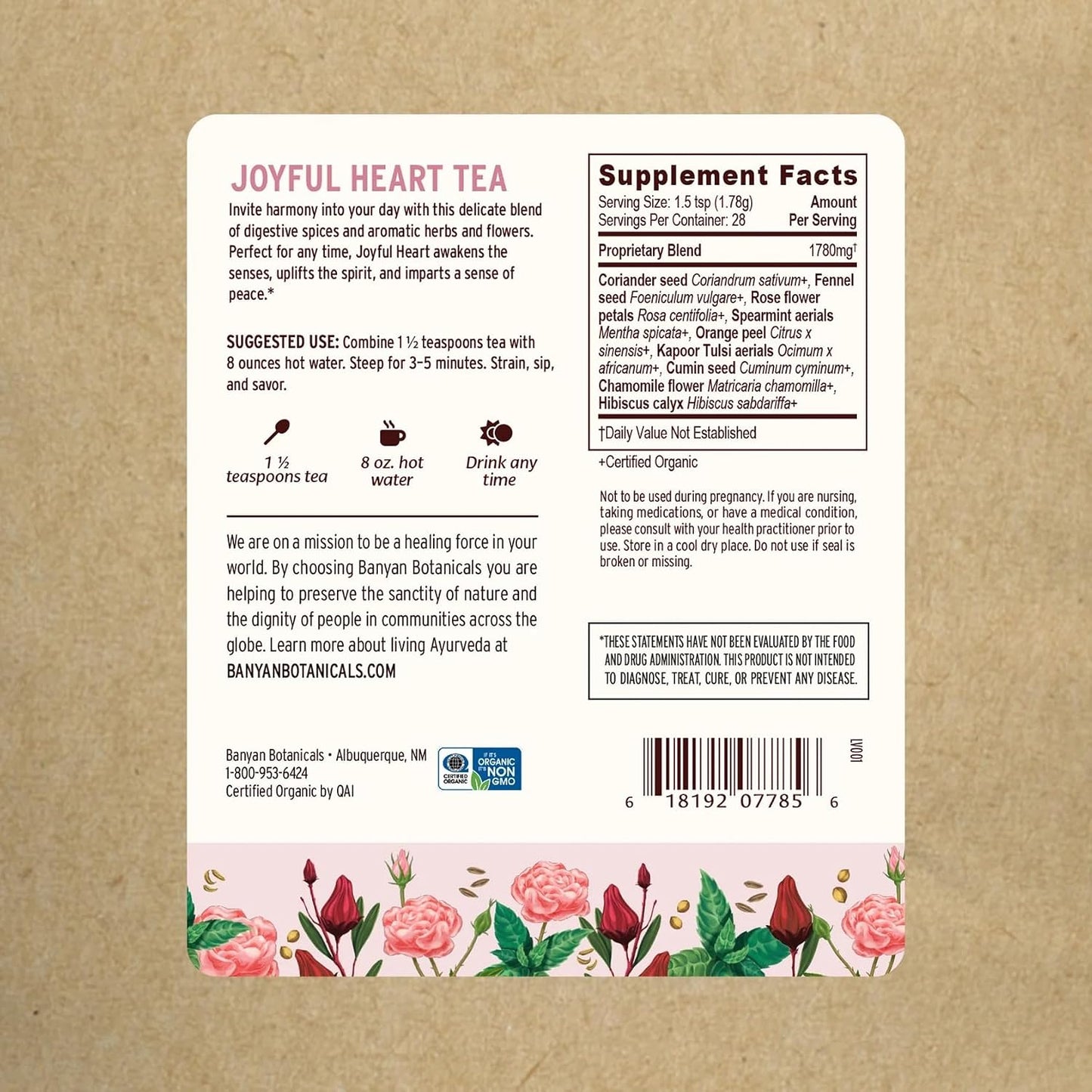 Banyan Botanicals Joyful Heart CCF Tea – Loose Leaf Organic Herbal Tea – Uplifting and Aromatic CCF Tea with Hibiscus, Tulsi, and Rose – 1.8 oz. – Non-GMO Sustainably Sourced Herbal Loose Leaf Tea