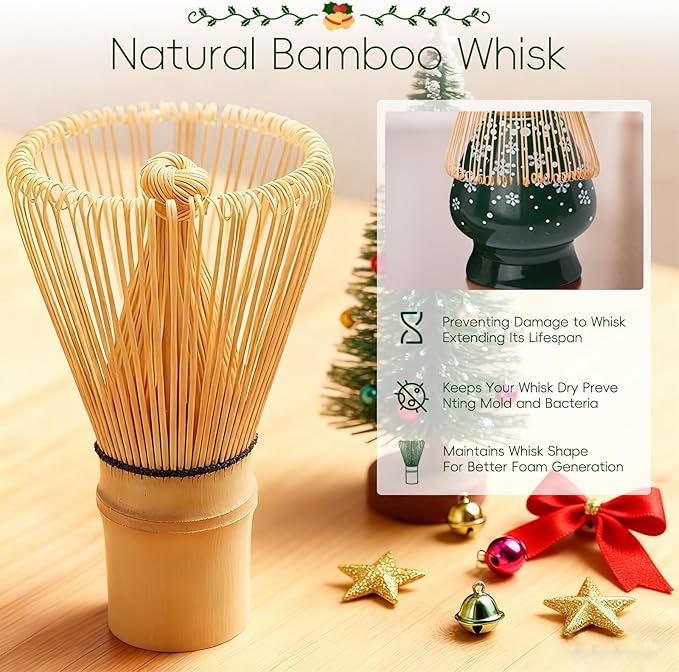 Christmas Gifts Matcha Whisk Set, Ceramic Matcha Set Includes Bowl & Holder, Bamboo Whisk (Chasen), Scoop, Spoon and Sifter