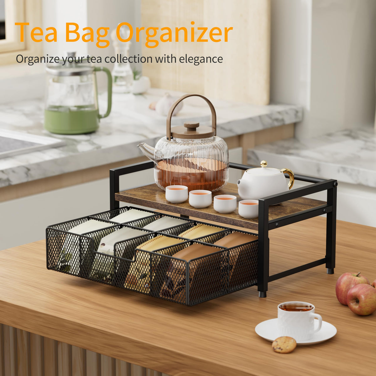 Segtenant Tea Bag Organizer, Tea Bag Holder with Drawer, Wood and Metal Tea Organizers and Storage Chest for Countertop