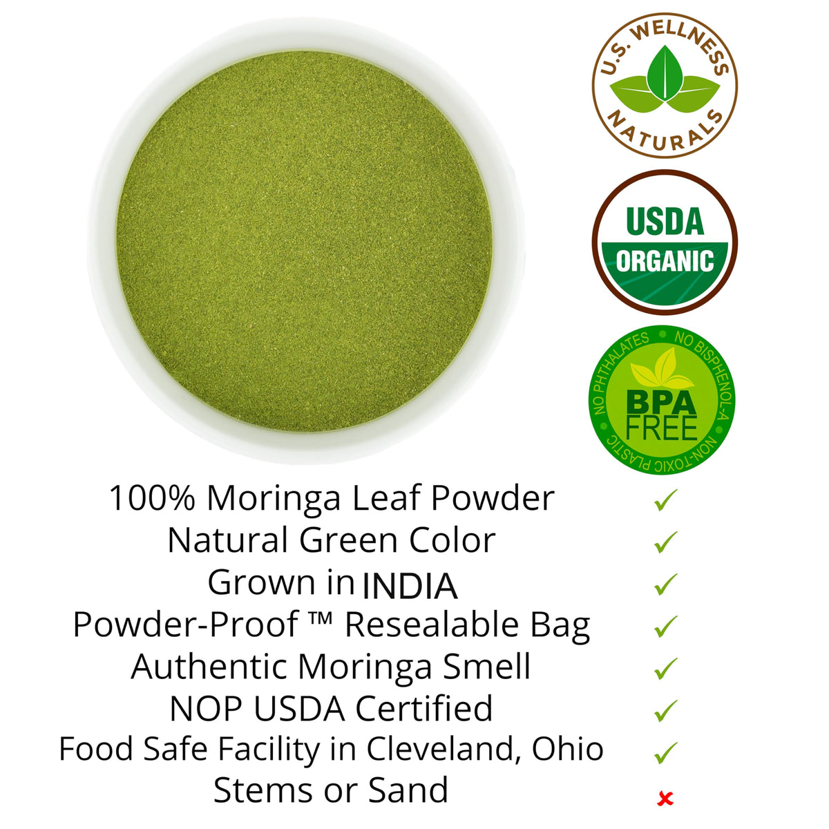 U.S. Wellness Naturals Moringa Powder 1LB (16Oz) 100% Certified Organic| 100% Pure Moringa Leaf NO Stems| - Raw from India