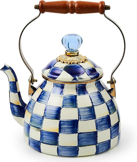 MACKENZIE-CHILDS Enamel Tea Kettle, Stylish Tea Kettle for Stovetop, Blue-and-White Royal Check, 2 Quarts
