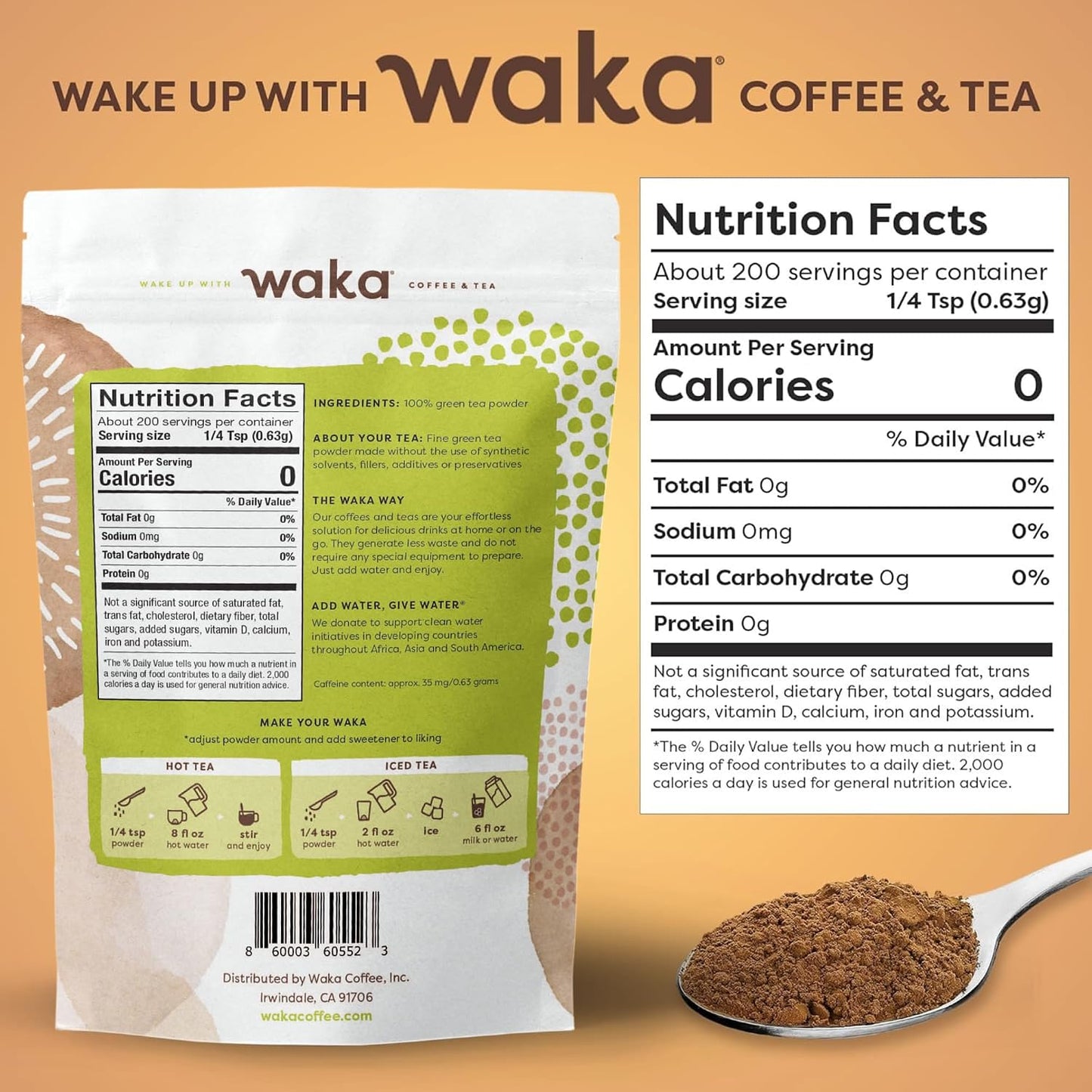 Waka Instant Green Tea Mix, Original - 100% Tea Leaves, No Additives, Unsweetened Tea Powder for 50 Quarts or 200 Cups – Easy and Quick Hot or Iced Teas (4.5oz) | 100% Tea Leaves, Concentrated Green Tea Powder, Kenyan &amp; Chinese Blend, Makes up to 200