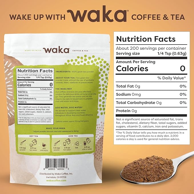 Waka Instant Green Tea Mix, Original - 100% Tea Leaves, No Additives, Unsweetened Tea Powder for 50 Quarts or 200 Cups – Easy and Quick Hot or Iced Teas (4.5oz)