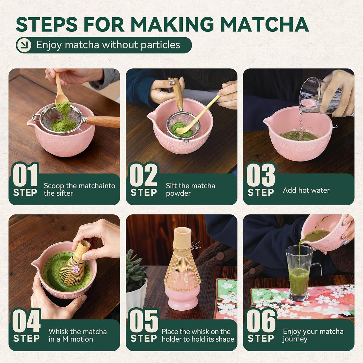 Sakura Matcha Whisk Set, 8 PCS Japanese-Style Matcha Kit with Cherry Blossom Matcha Bowl, Bamboo Whisk &amp; Holder, Scoop, Spoon Rest, Wooden-Handle Sifter &amp; Gift Box for Matcha Lovers (Pink)