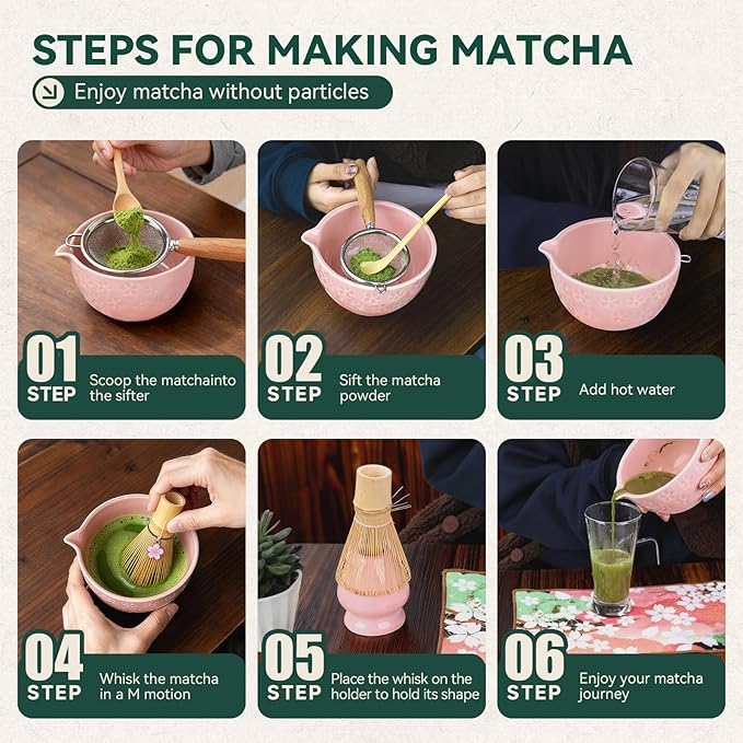 Sakura Matcha Whisk Set, 8 PCS Japanese-Style Matcha Kit with Cherry Blossom Matcha Bowl, Bamboo Whisk & Holder, Scoop, Spoon Rest