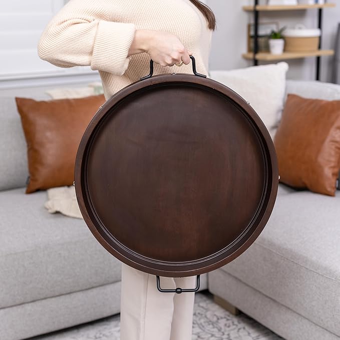 20" Extra Large Round Ottoman Tray, Heavy Duty Mango Wood, for Serving Tea, Breakfast in Bed