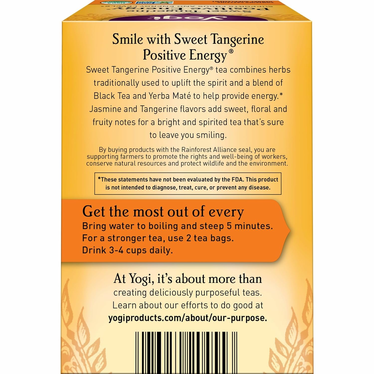 Yogi Sweet Tangerine Positive Energy Tea - 16 Tea Bags per Pack (4 Packs) - Organic Tangerine Energy Tea - Includes Black Tea Leaf, Yerba Mate Leaf, Ashwagandha Root & More