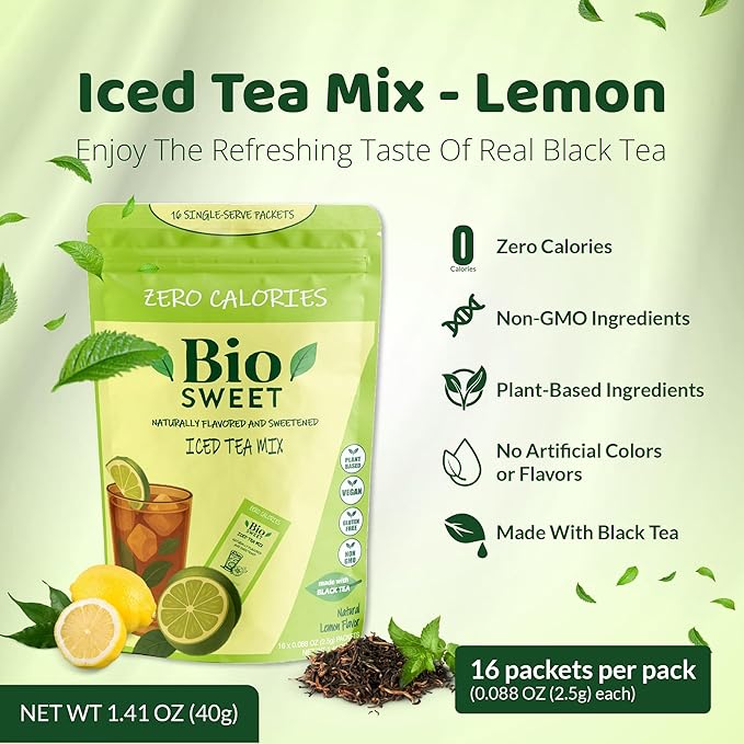 BioSweet Iced Tea Mixes - Lemon Flavor, Zero Calorie Mix from Real Black Tea, Naturally Sweetened & Flavored, Non GMO, Gluten Free