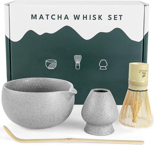 Stone-Texture Gray Matcha Whisk Set with Pouring Spout – Japanese Matcha Kit with Handcrafted Ceramic Bowl, Bamboo Whisk, Scoop