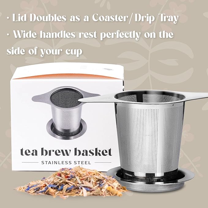 Fine Mesh Loose Tea Infuser −18/8 Stainless Steel, Large Capacity, Wide Double Handles−Fits Cups, Mugs, Small Teapots−Loose Leaf Tea Brew Basket