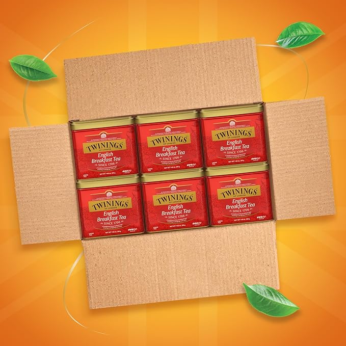 Twinings English Breakfast Loose Tea Tins, 7.05 Ounce Tins (Pack of 6), Smooth, Flavourful, Robust Black Tea Leaves, Caffeinated, Enjoy Hot or Iced