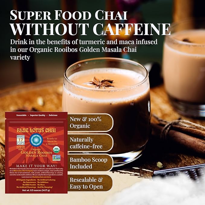 Blue Lotus Chai - Golden Rooibos Flavor Masala Chai - Makes 17 Cups - 0.5 Ounce Masala Spiced Chai Powder with Organic Spices - Instant Indian Tea No Steeping - No Gluten