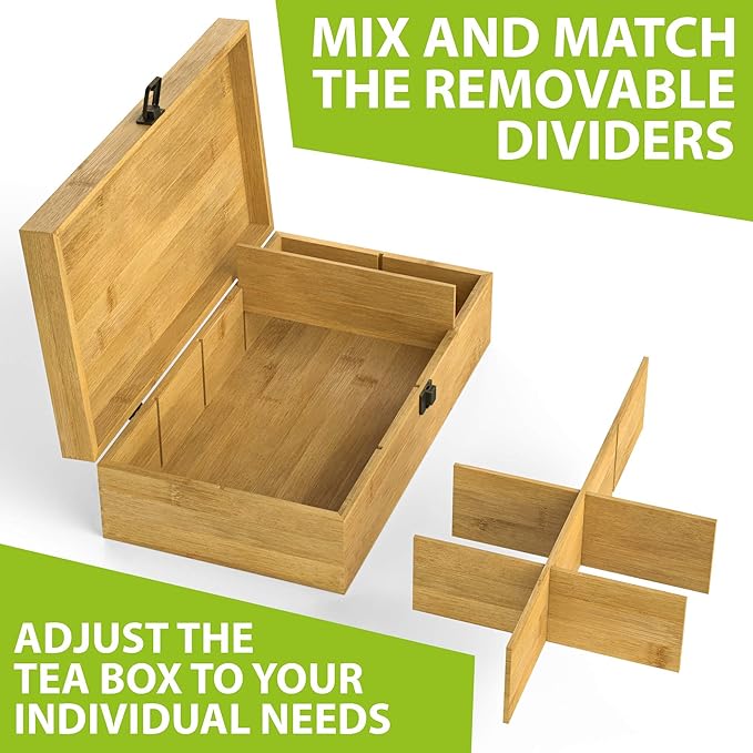 Bamboo Tea Organizer Box Chemical Free Eco-Friendly Big, Tall, Adjustable Cubbies Natural Wooden Storage Chest (8-Slot 14.3" x 8.1" x 4.2" with Tea Leaf design)