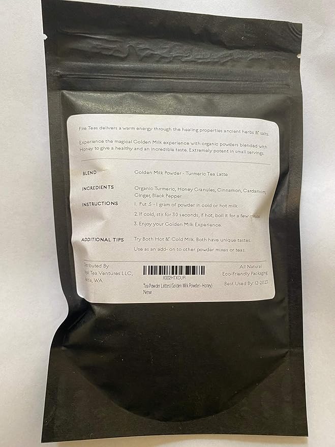 FIRE TEAS Organic Golden Milk Latte Powder - Organic Turmeric (Curcumin), Honey, Cardamom, Ginger, Cinnamon, Black Pepper - Relaxing, Naturally Sweet, Delicious, Adaptogenic, Coffee Alternative, Helps Sleep, Superfood