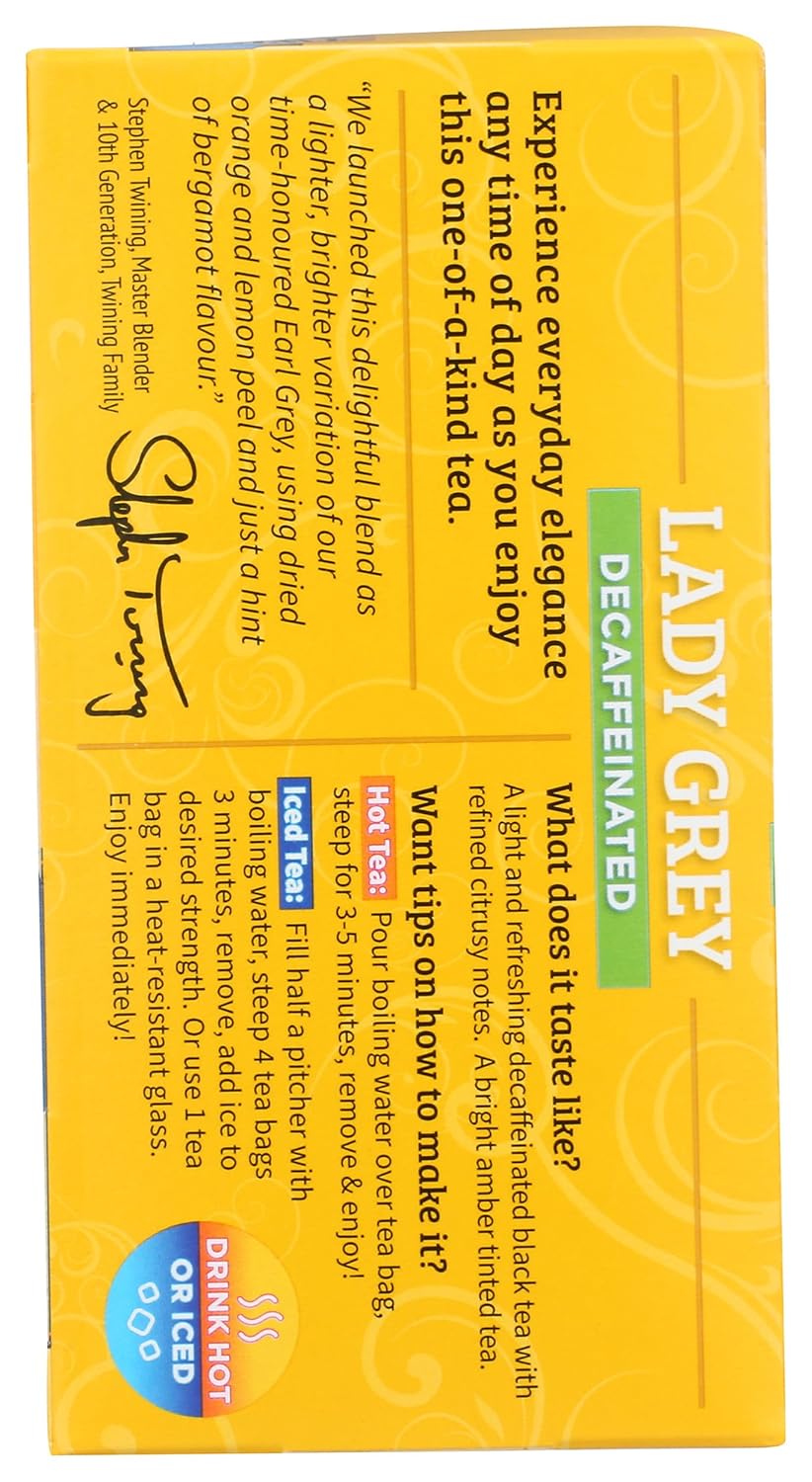 Twinings Tea Lady Grey Decaffeinated Tea - Delicate Citrusy Flavor and Uplifting Aroma, Decaf Black Tea Bags Individually Wrapped, 20 Count