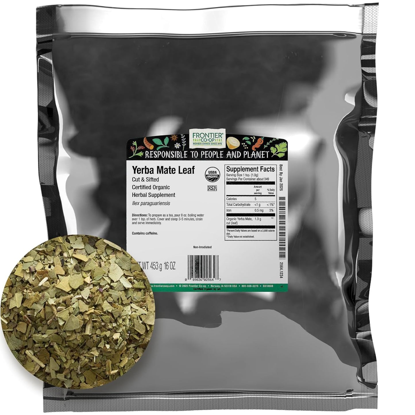 Frontier Herb Bulk Yerba Mate Leaf Organic Cut and Sifted, 1 Pound