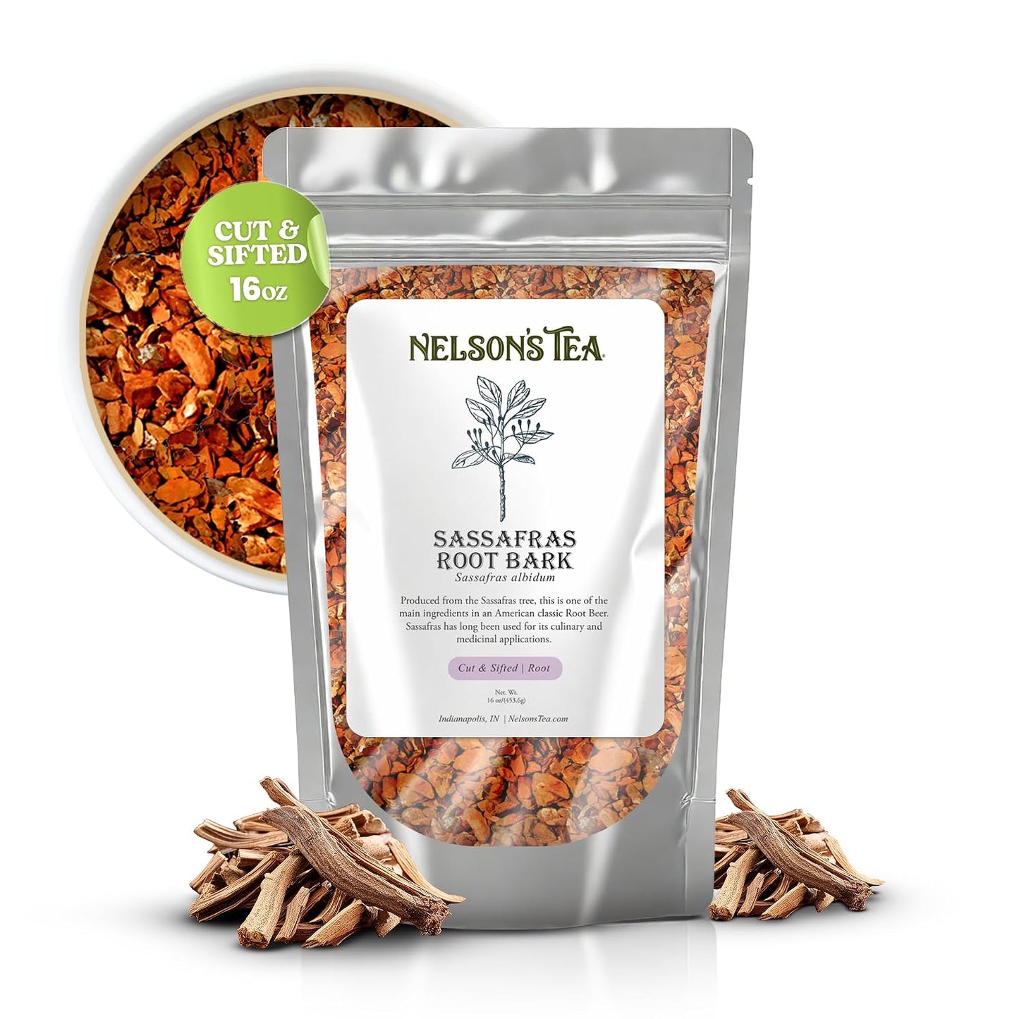 Nelson's Tea Sassafras Root Bark Cut and Sifted, 16 oz
