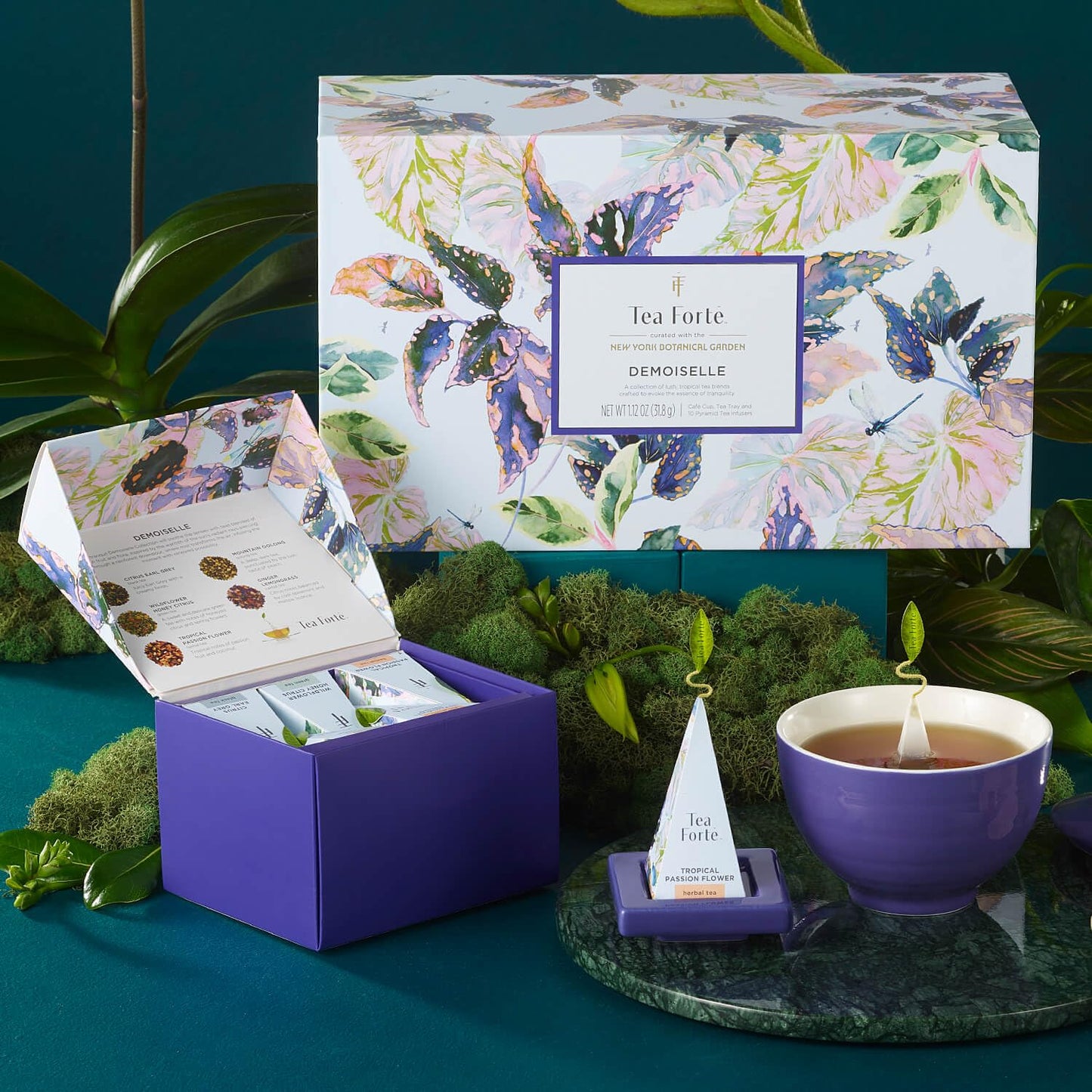 Tea Forte Demoiselle 3-Piece Premium Tea Gift Set with Indigo Cafe Cup and Lid, Tea Tray and 10 Count Mini Presentation Box, 2 of Each Blend Handcrafted Pyramid Infuser Tea Bags