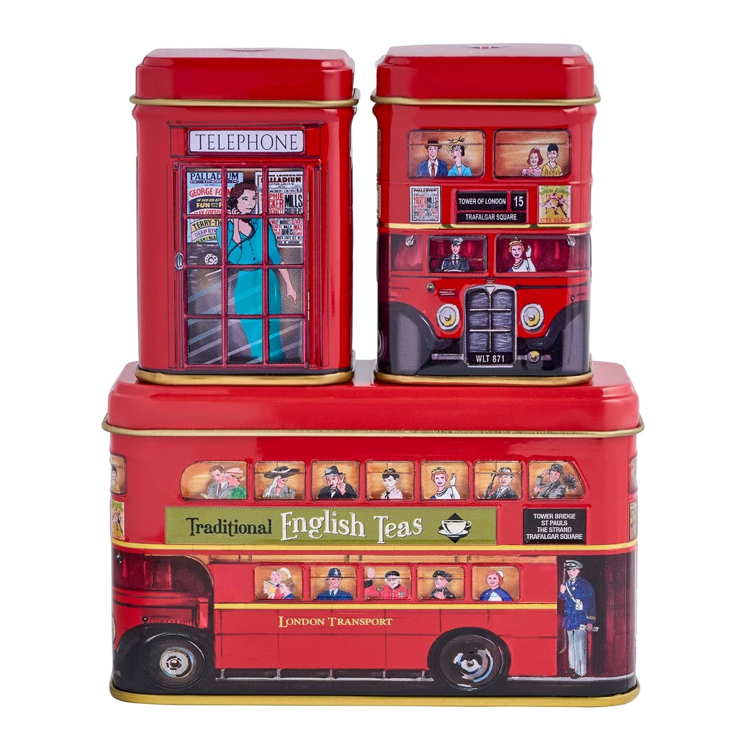 New English Teas British Tea Tin Set with 2 oz Loose Leaf Tea &amp; 10 Tea Bags | London Souvenir Gift, Post Box, Red Bus, Telephone Box – English Breakfast Tea, Black Tea