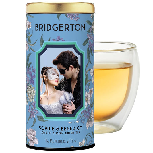 The Republic of Tea Bridgerton Sophie &amp; Benedict Love in Bloom Green Tea | Low Caffeine. 36 Count. A gentle cup for everyday sipping. Fresh with light vegetal notes. Gluten Free.