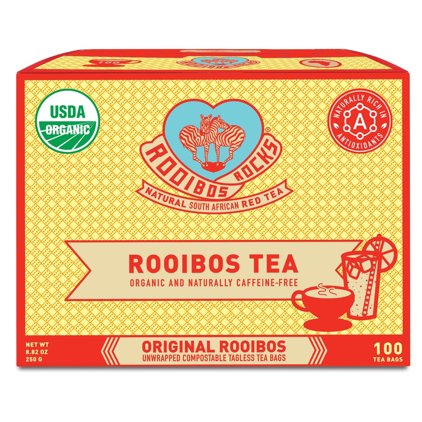 Rooibos Rocks Organic Rooibos Tea Bags - Caffeine-Free, 100 ct | USDA Organic • Microplastic-Free Tagless Pillow Tea Bags • Naturally Mildly Sweet Flavor • Hot or Iced