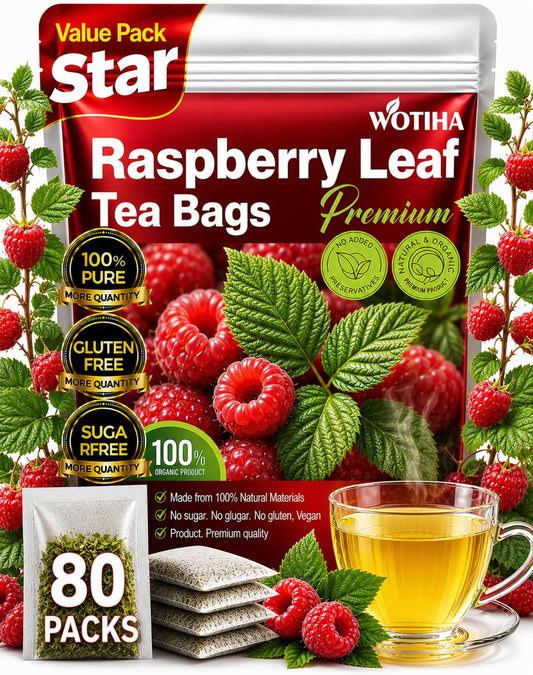 WOTIHA 80 Count Premium Raspberry Leaf Tea Bags - Pure Red Raspberry Leaf, Supports Pregnancy Health &amp; Menstrual Comfort, Aids Childbirth Prep, Caffeine-Free, Additive-Free