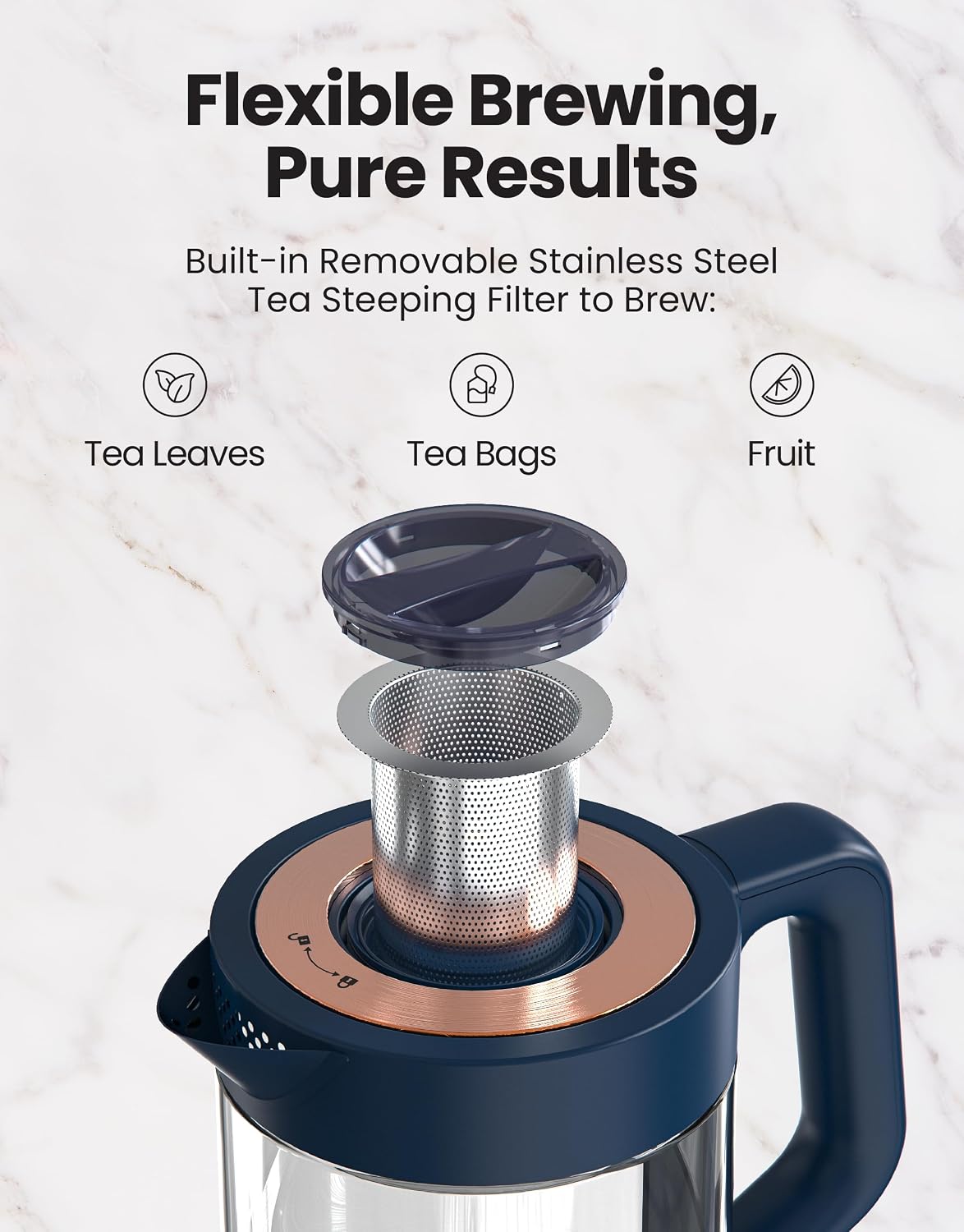 Viante Alba Electric Tea Kettle, Infuser, No Plastic, 1.5L, Midnight Blue | Borosilicate glass &amp; 304 stainless steel construction. 4 temp presets, keep-warm, cordless, auto shut-off