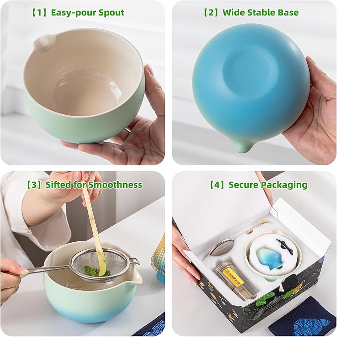 Teanagoo Matcha Whisk Set Blue,Ceremony Matcha Set,Matcha Kit Grident Blue,Matcha Tea Set for Making Breakfast/Latte