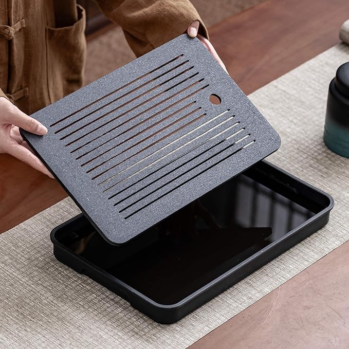 Tea Tray, Kungfu Tea Serving Tray Tea Table Set with Water Storage Drainage (Black)