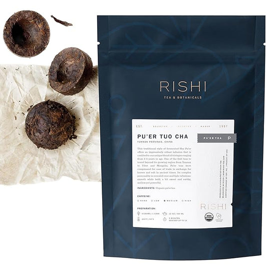 Rishi Tea Ancient Pu'er Tuo Cha Herbal Tea - Organic Direct Trade Loose Leaf, Medium Caffeine Aged Ripe Pu-erh for Digestion Support - 4 Ounces, 15 Servings