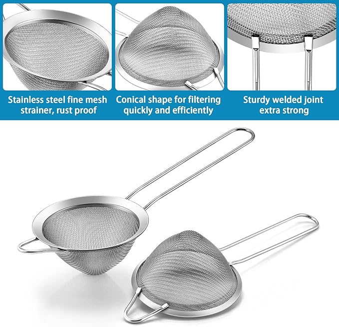 Lianyu Fine Mesh Strainer Set of 2, 3.3 Inches Stainless Steel Tea Sieve Strainer with Long Handle