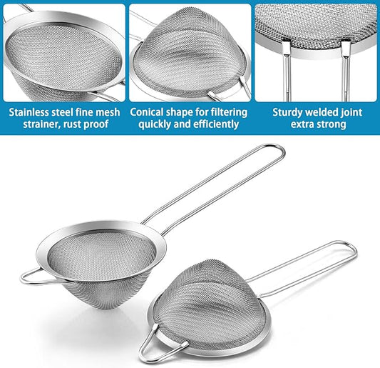 Lianyu Fine Mesh Strainer Set of 2, 3.3 Inches Stainless Steel Tea Sieve Strainer with Long Handle
