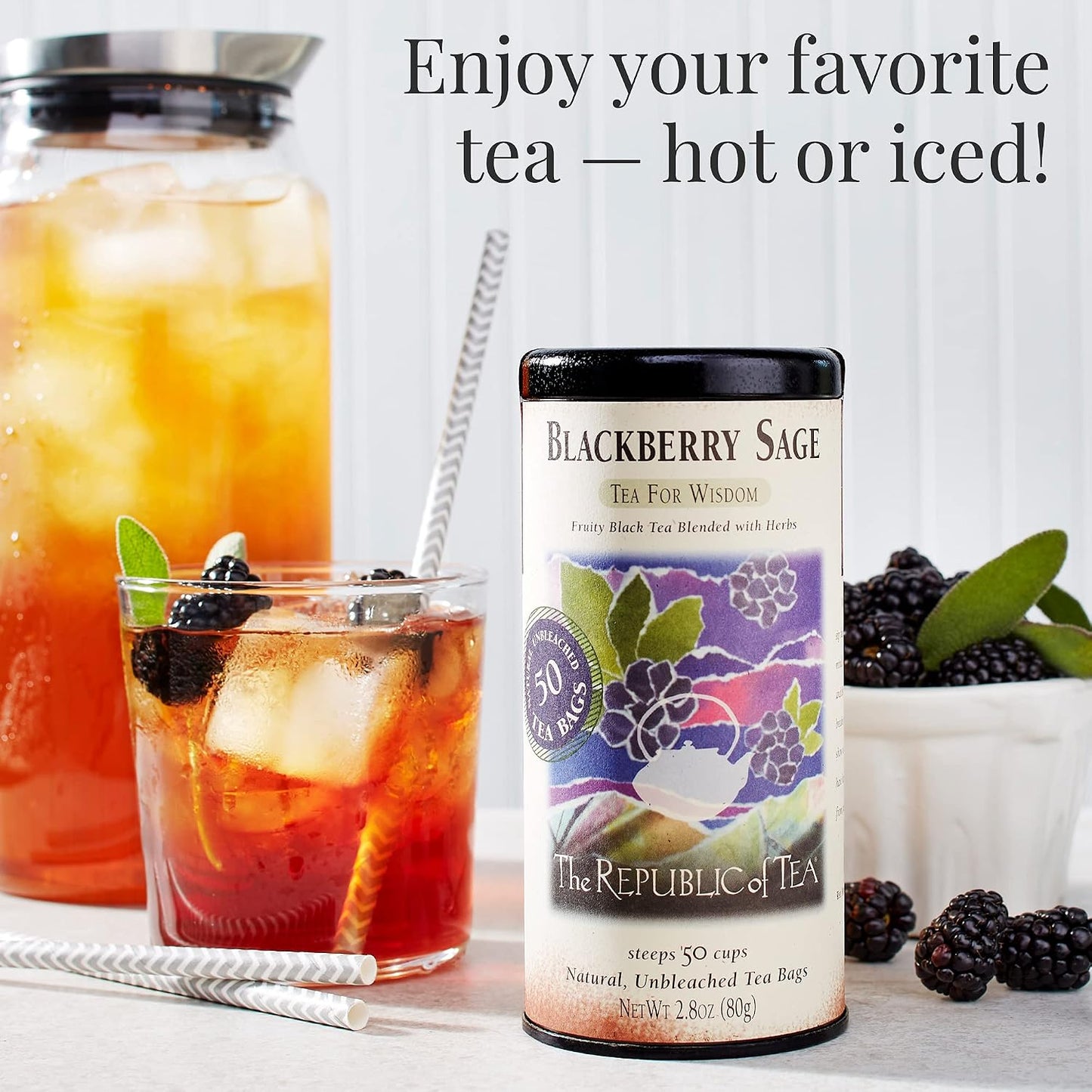 The Republic of Tea Blackberry Sage Black Tea, 50 Count | Naturally Caffeinated. Made for morning or afternoon sipping. Brisk and full-bodied. Gluten Free and Carb Free.