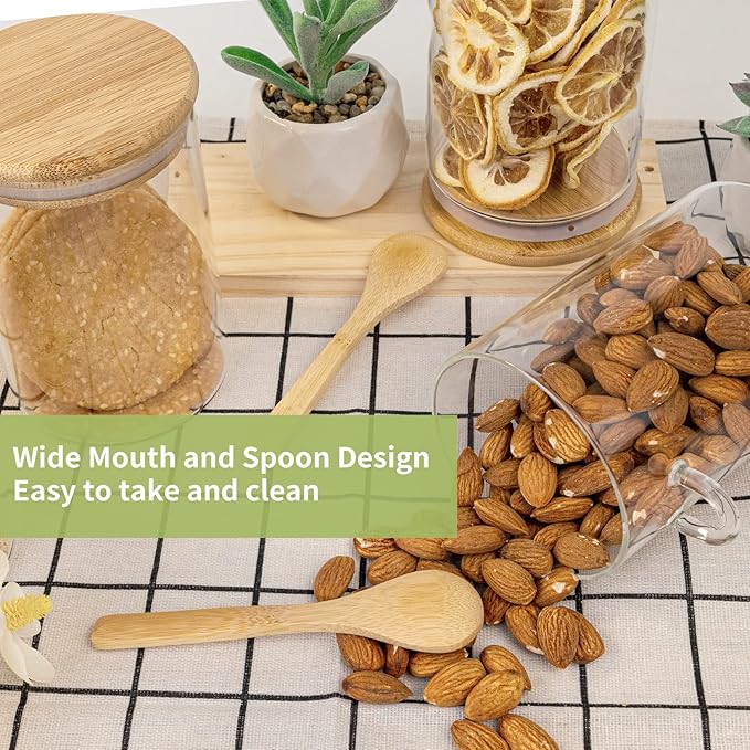 Airtight Food Storage Containers, Glass Canister With Wooden Spoon and Lids, 20 Oz Jars for Serving Bath Salt, Sugar, Spice, Coffee, Tea, Cereals