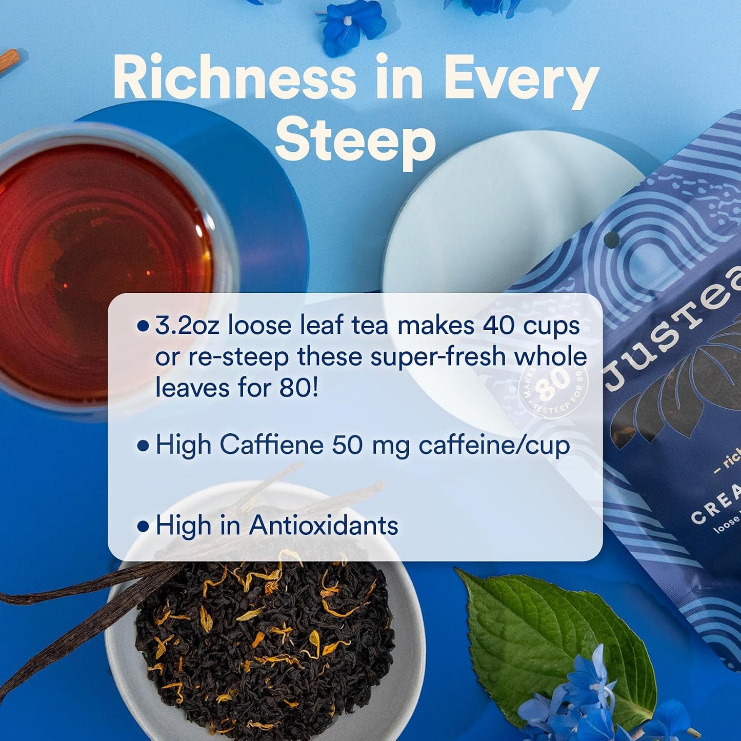 JusTea CREAM EARL GREY Loose Leaf Black Tea, 40+ Cups Pouch, 4/5 Caffeine | Fair-Trade CREAM EARL GREY Loose Leaf Black Tea. 90g/3.2oz Resealable Pouch. Steeps 40+ cups. 4/5 Caffeine. Organic.
