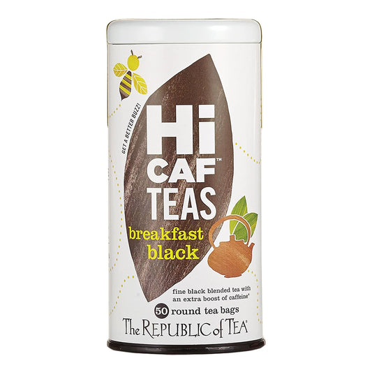 The Republic of Tea HiCAF Breakfast Black Tea, High Caffeine, 50 Count | A bold cup for morning or afternoon. Brisk and full-bodied with notes of roasted root. Gluten Free and Carb Free.