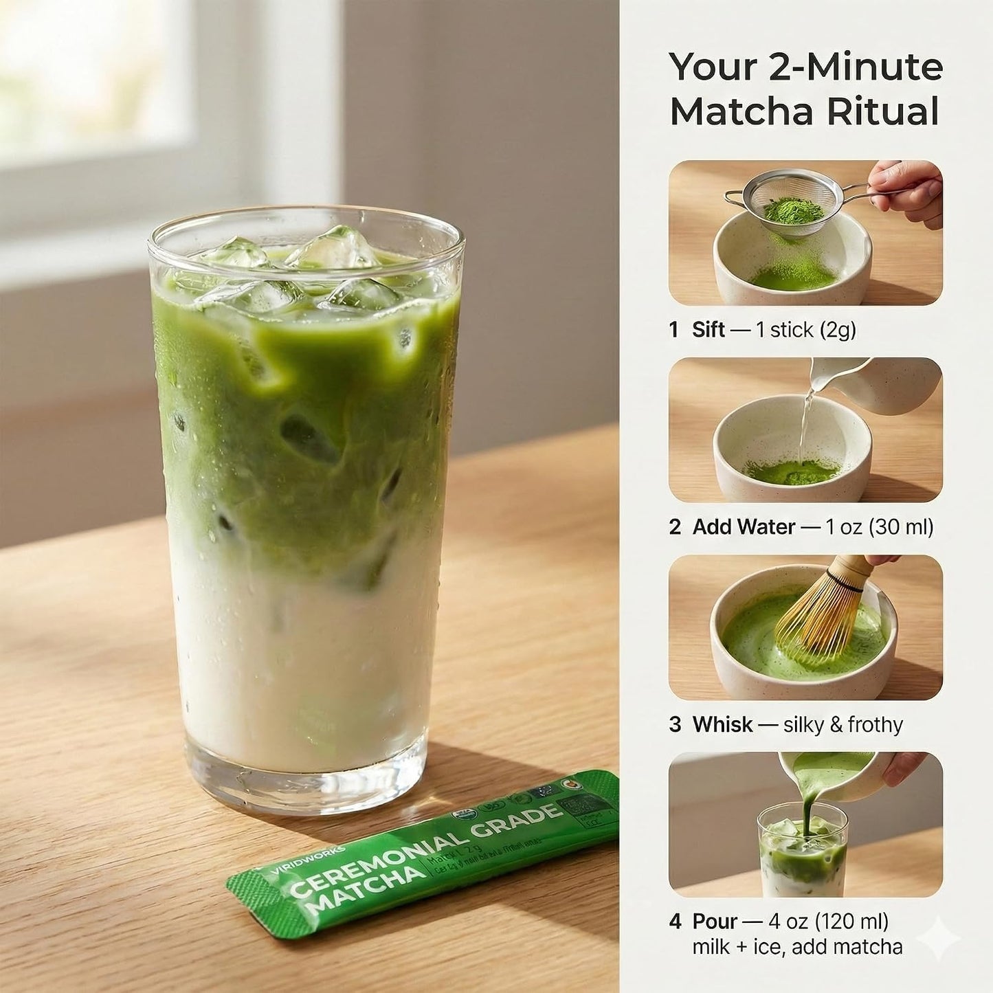 Viridworks Organic Matcha Packets - Ceremonial Single Serve Sticks, 30 Ct
