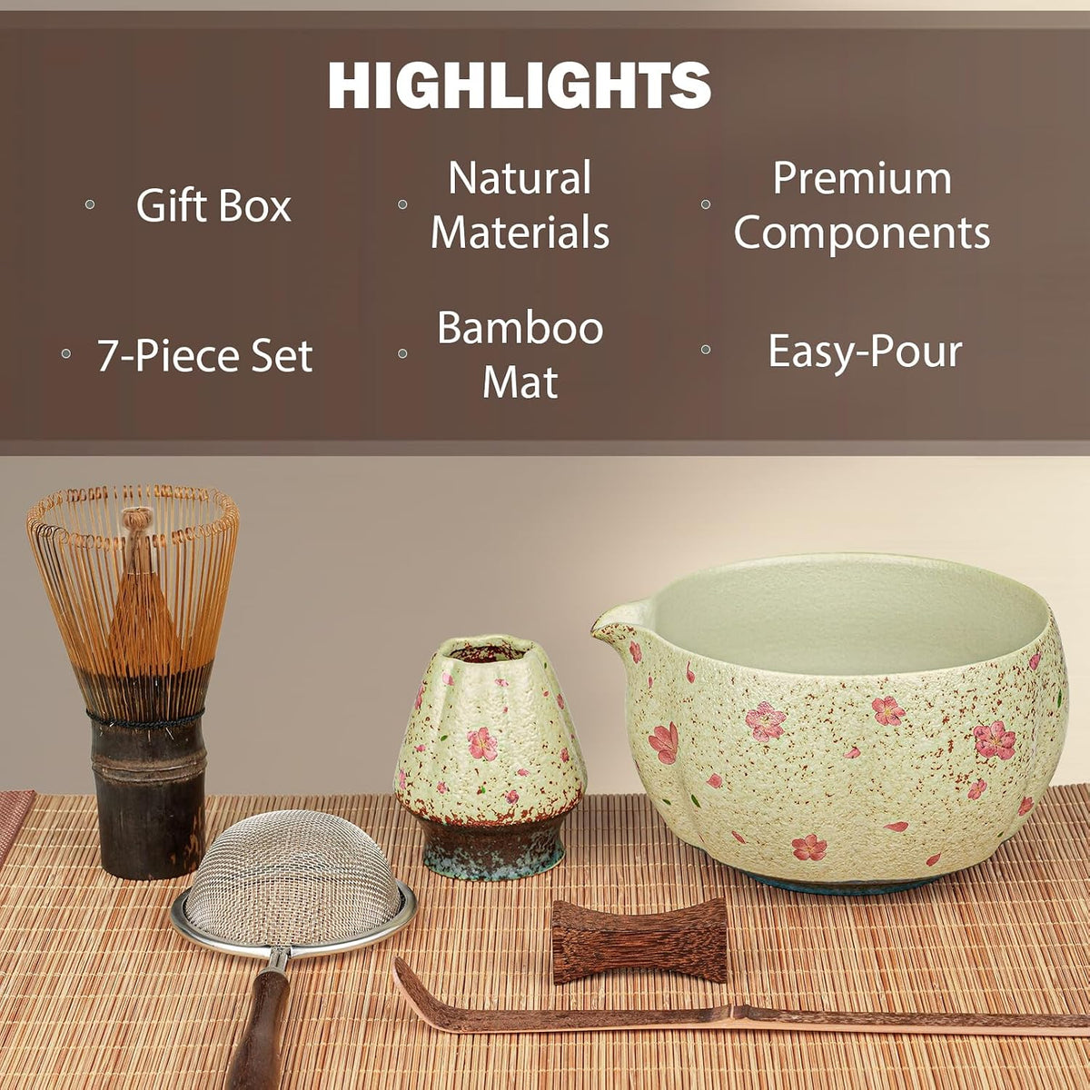 Matcha Set, 7-Piece Matcha Whisk Set with Bowl &amp; 100-Prong Whisk