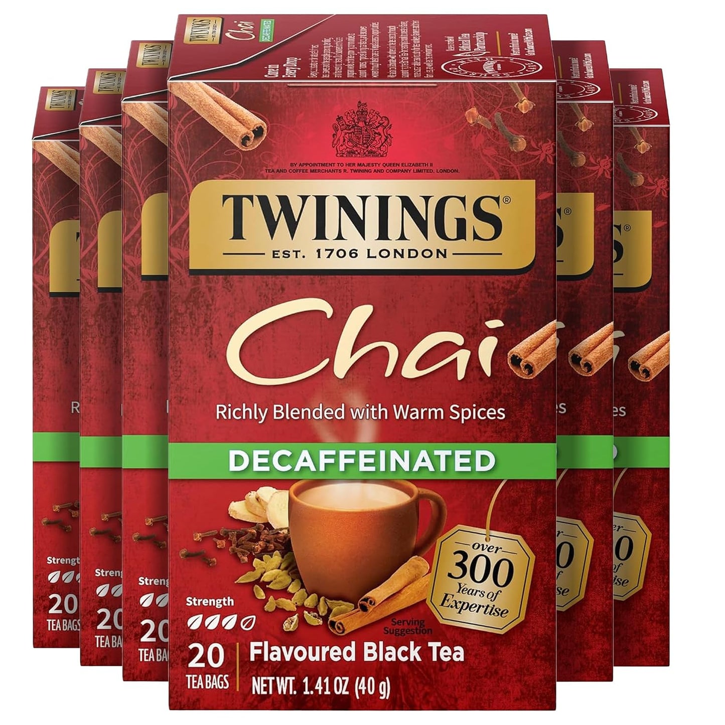 Twinings Decaffeinated Chai Spiced Black Tea Bags, 20 CT Box (6 Pack) | Sweet &amp; Savoury Cinnamon, Ginger, Cardamom &amp; Clove, Blended With Decaf Black Tea, 120 Foil Lined Individually Wrapped Bags