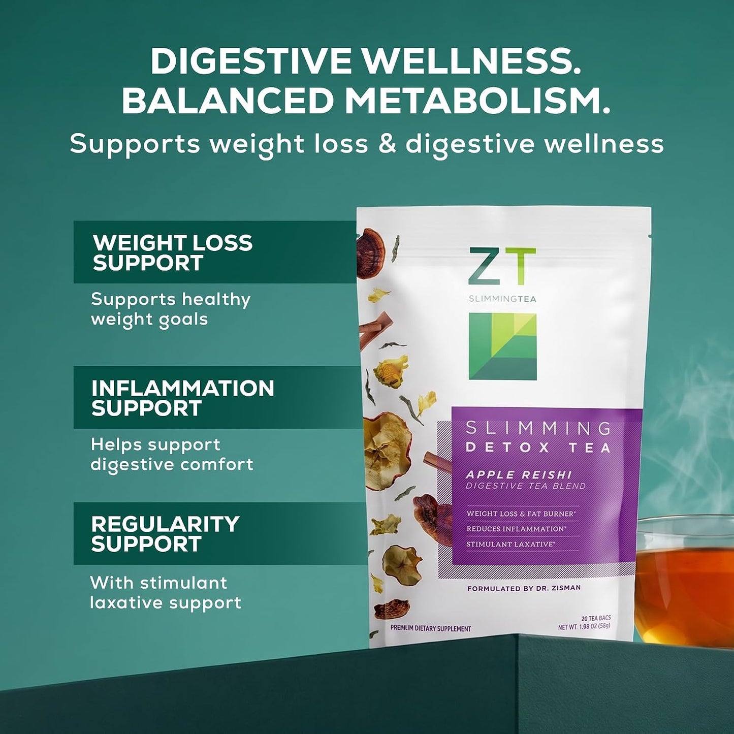 Dr. Zisman ZT Slimming Detox Tea – Apple &amp; Reishi Herbal Blend, 28 Count
