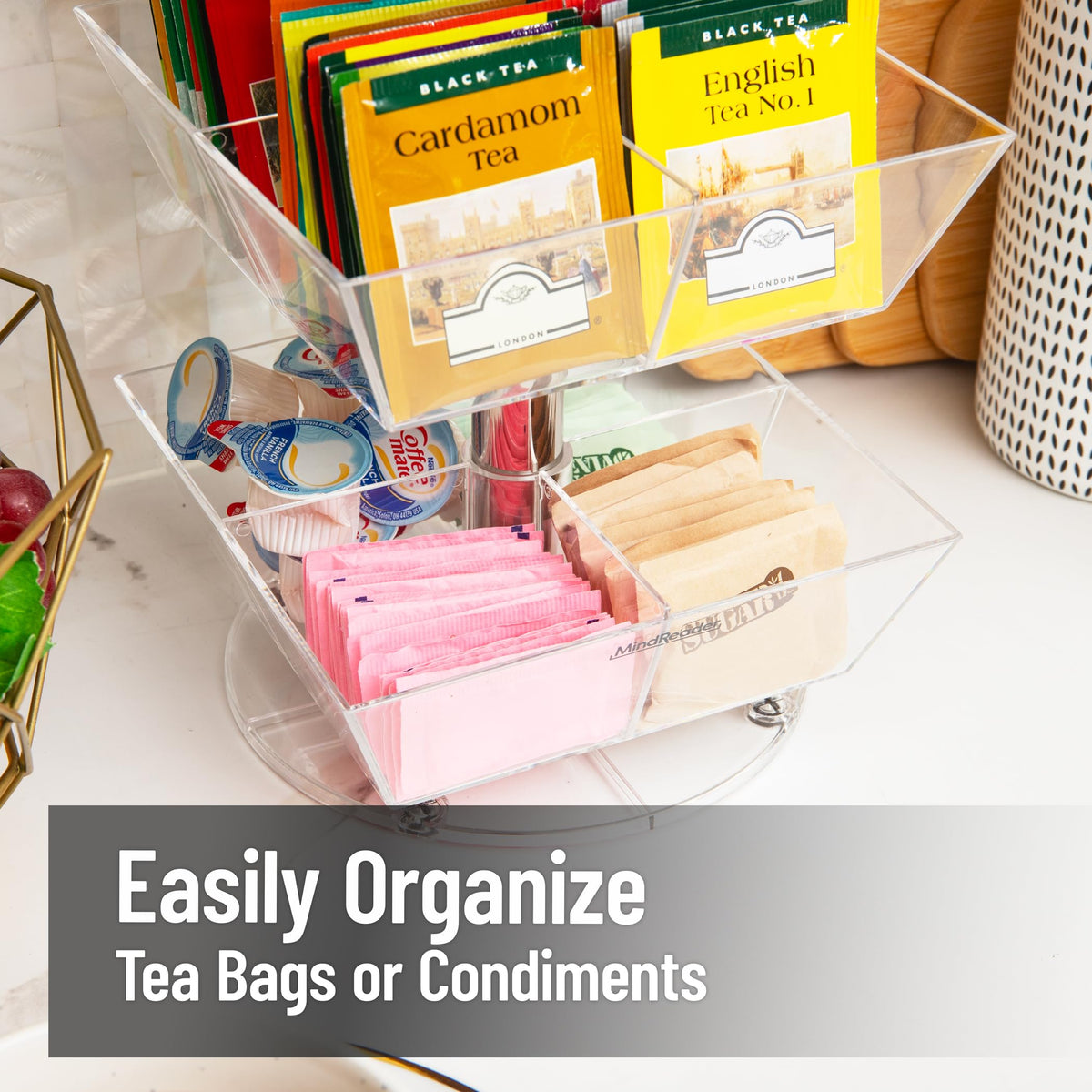 Mind Reader Tea Bag Carousel, 3 Tier Clear Acrylic Organizer with 12 Compartments, 360° Rotating Tea Station for Countertop