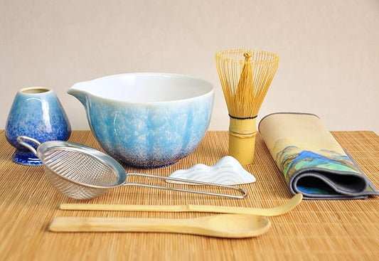 Matcha Whisk set, 8pcs Matcha Making Kit Includes Ceramic Bowl, Bamboo Whisk (Chasen), Whisk Holder, Sifter, Bamboo Scoop, Scoop Rest, Tea Towel