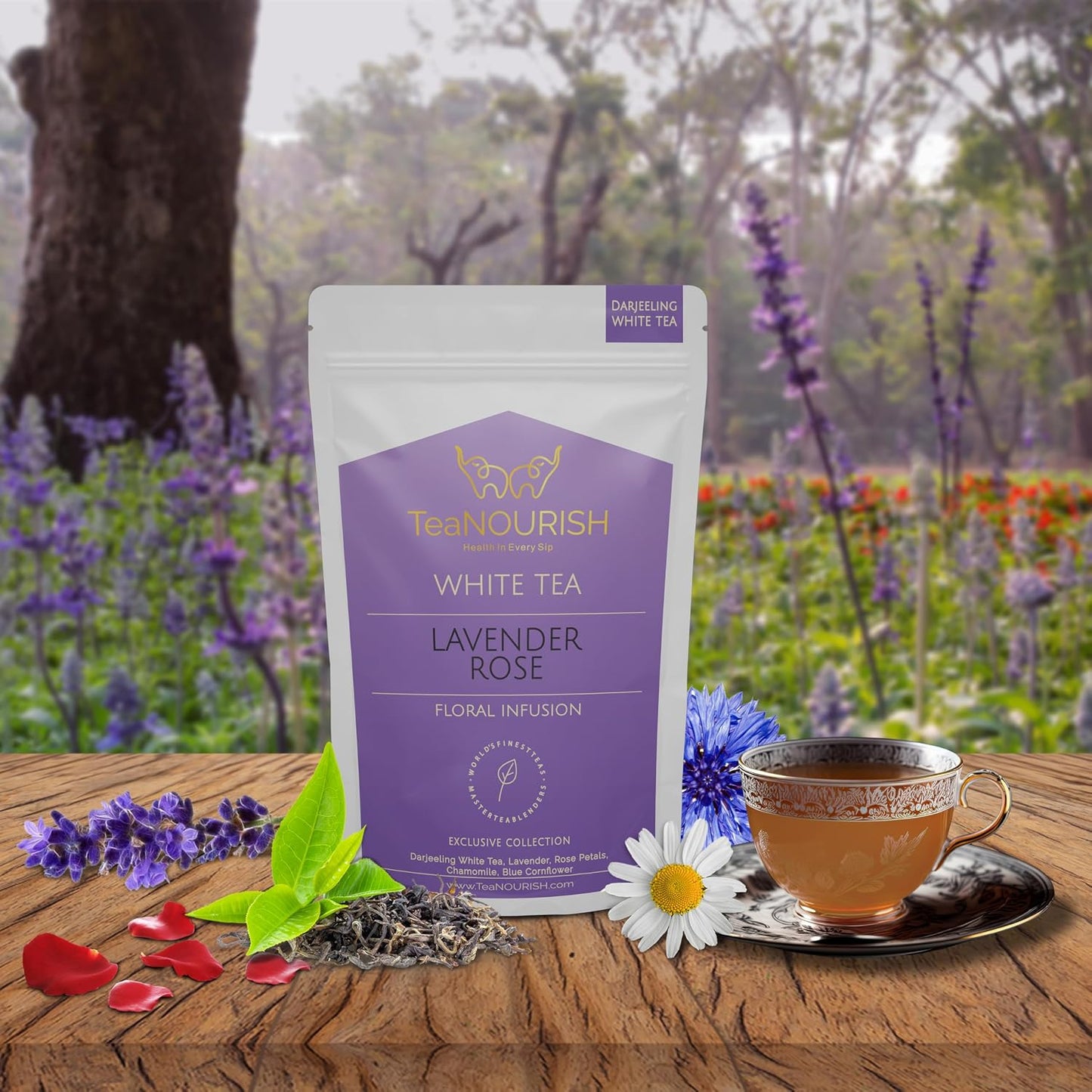 TeaNOURISH Lavender Rose White Tea | Darjeeling Silver Needles White Loose Leaf Tea Blended with Lavender, Rose Petals, Chamomile &amp; Blue Cornflower - 1.76oz/50g
