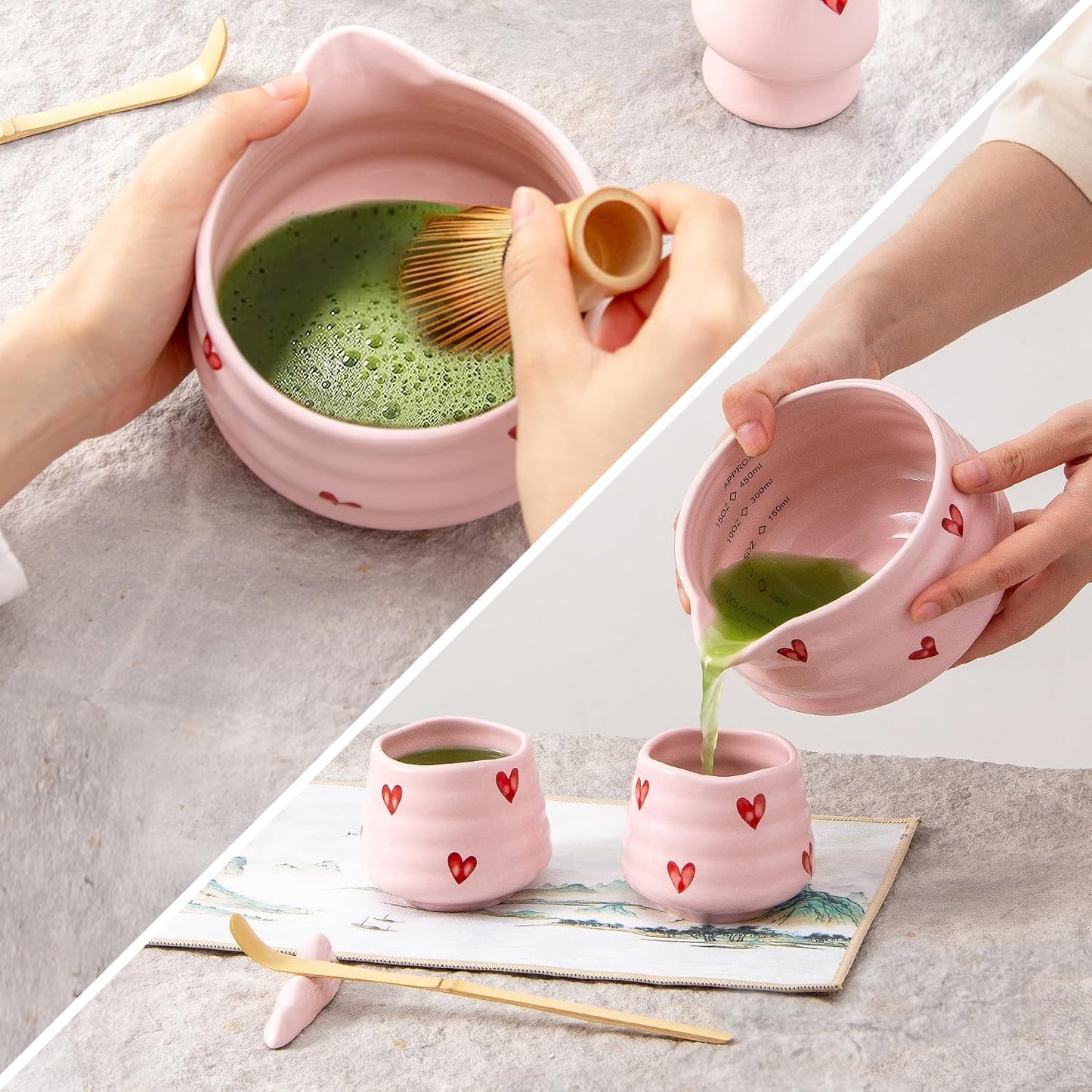 Ceramic Matcha Bowl with Bamboo Whisk Holder, Pink Love, Set of 2 | 16.5OZ Bowl with Spout and Measurement Marks, Japanese Tea Mixing Bowl with Whisk Stand, Matcha Gift Set, Ideal Gift Choice